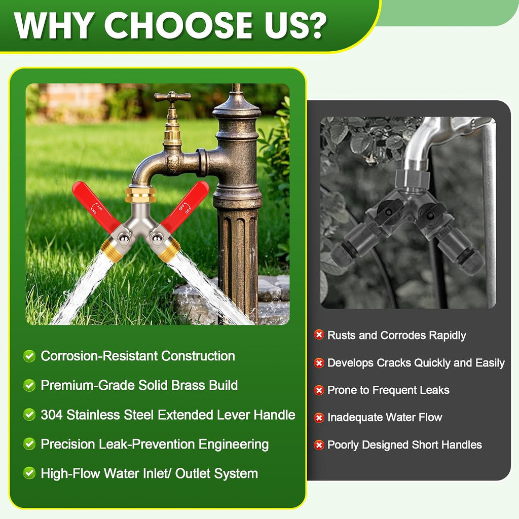 Hose Splitter 2 Way, High Flow Garden Hose Splitter, 3/4” Ght Inlet Brass Heavy Duty Hose Converter, Full Flow water 2