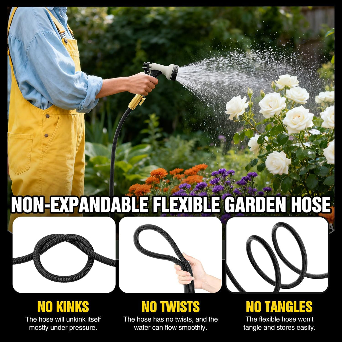 Garden Hose 100 ft Non-Expandable, Flexible Water Hose, Lightweight Hose with 10-Function Nozzle for Yard, Portable