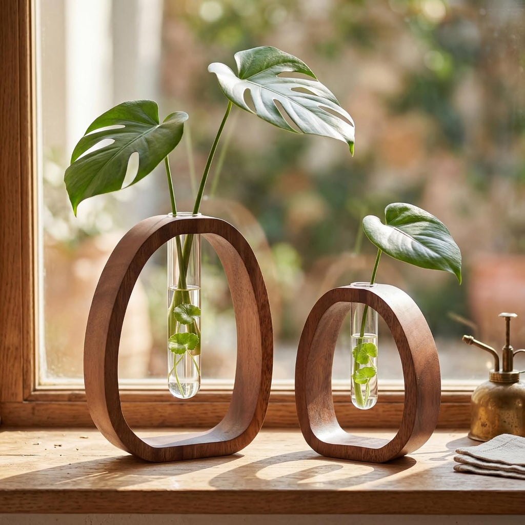 Houmury Walnut Wood Propagation Station Set of 2 Hydroponic Glass Test Tube Vases 7.5” & 5.8” for Plants Cuttings