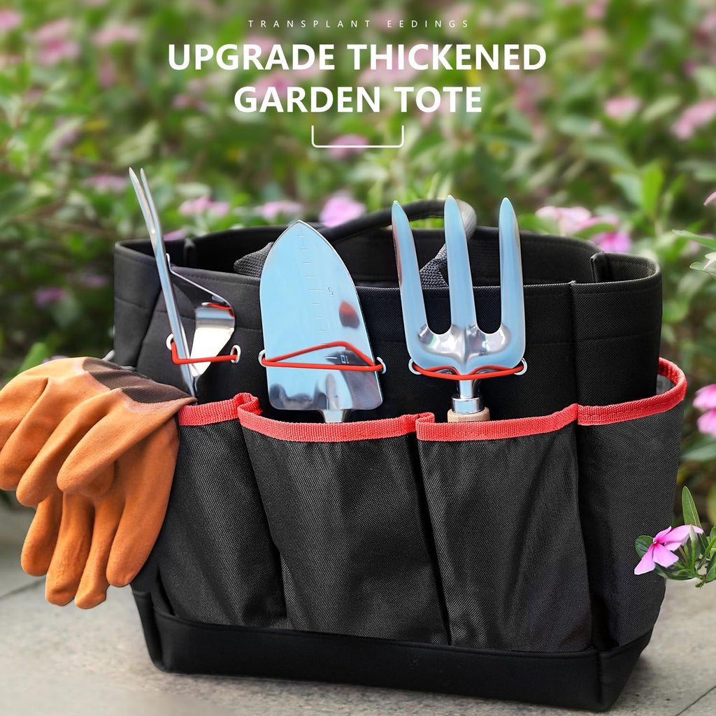 9-Piece Gardening Tools Set with Fashion Handbag, Black Red | Rust-resistant steel garden tool set with storage bag