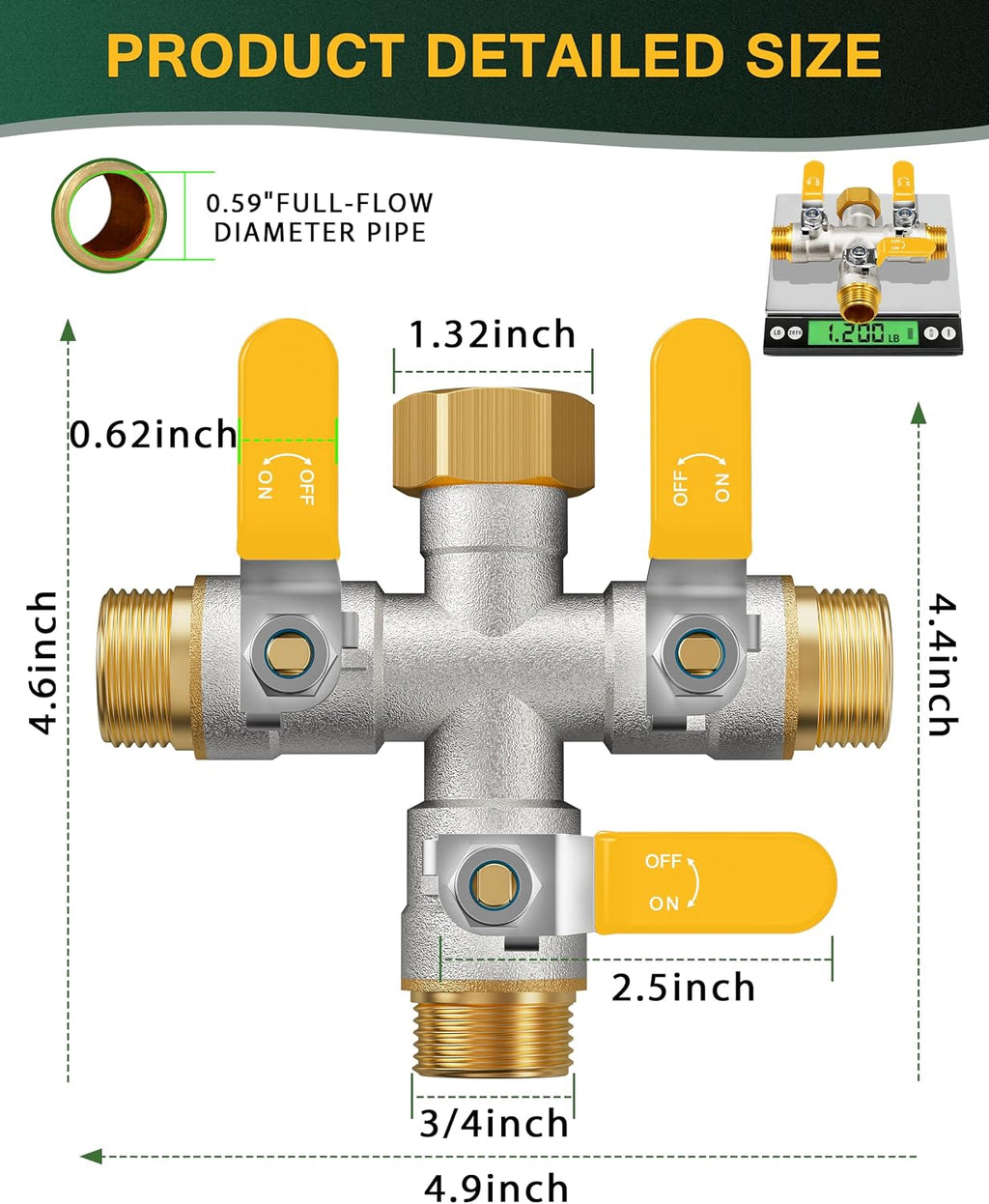 3 Way Hose Splitter, Heavy Duty Brass Garden Water Hose Splitter | Full Flow Design, Rust-Resistant Nickel-Plated