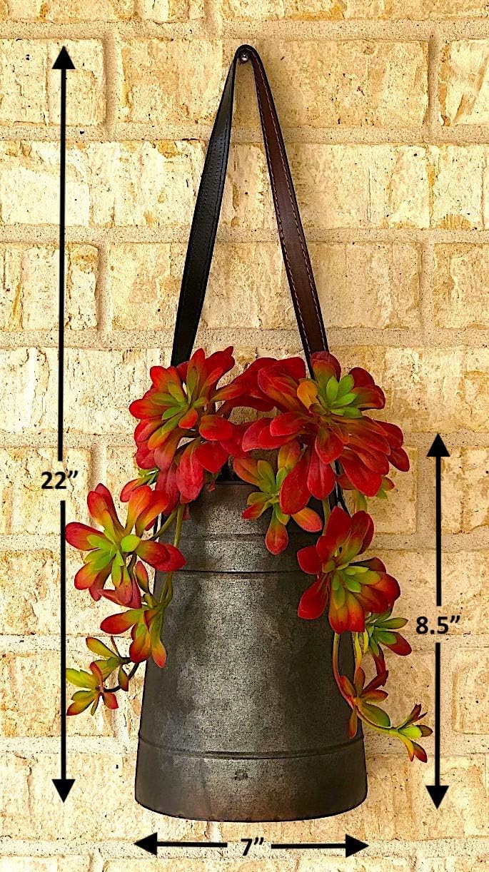 DNS Wall Planter Rustic Metal Half Bucket with Faux Leather Strap Hanging Decorative Flowers Succulent Cactus Indoor