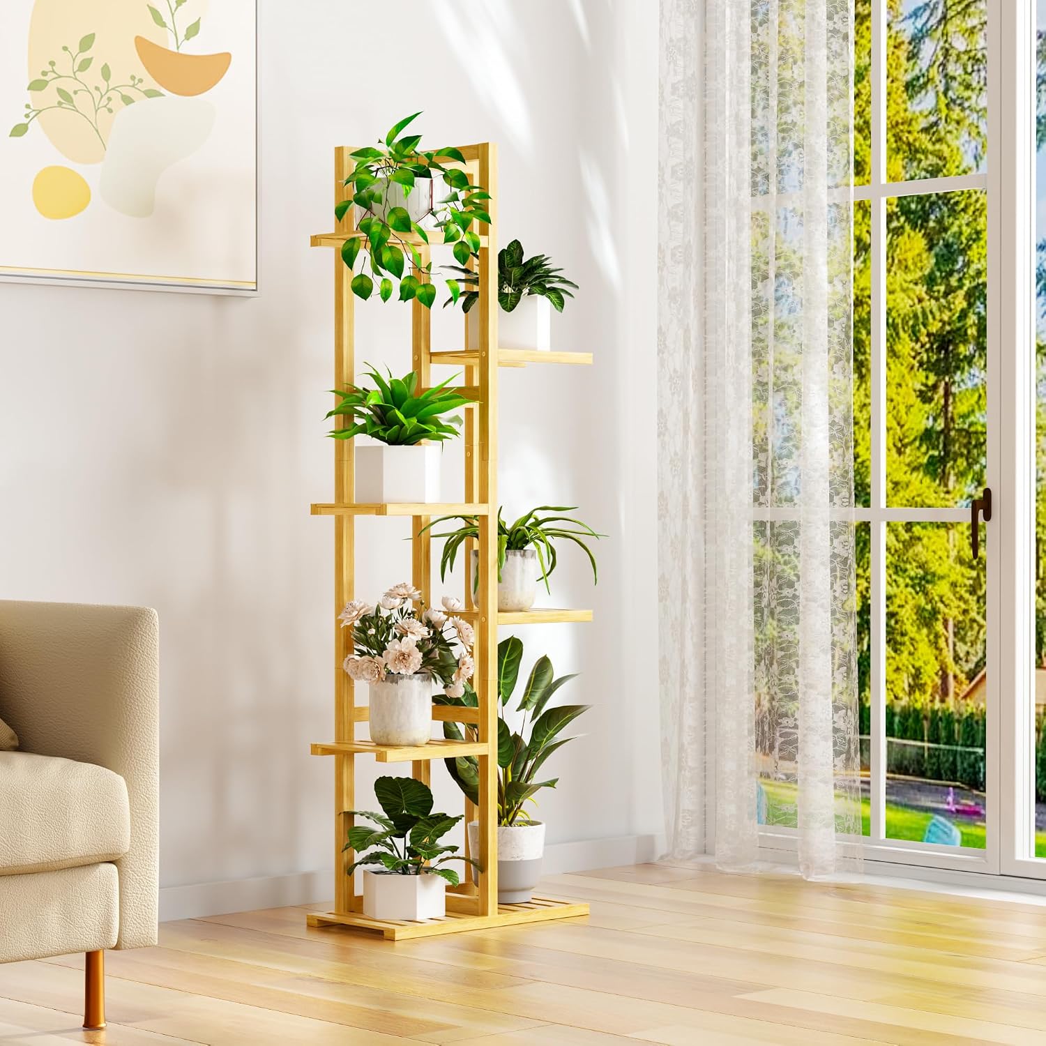ROMGUAR CRAFT 6 Tier Bamboo Plant Stand Indoor, Wood Tall Flower Holder Corner Tiered Plant Shelf for Multiple Plants