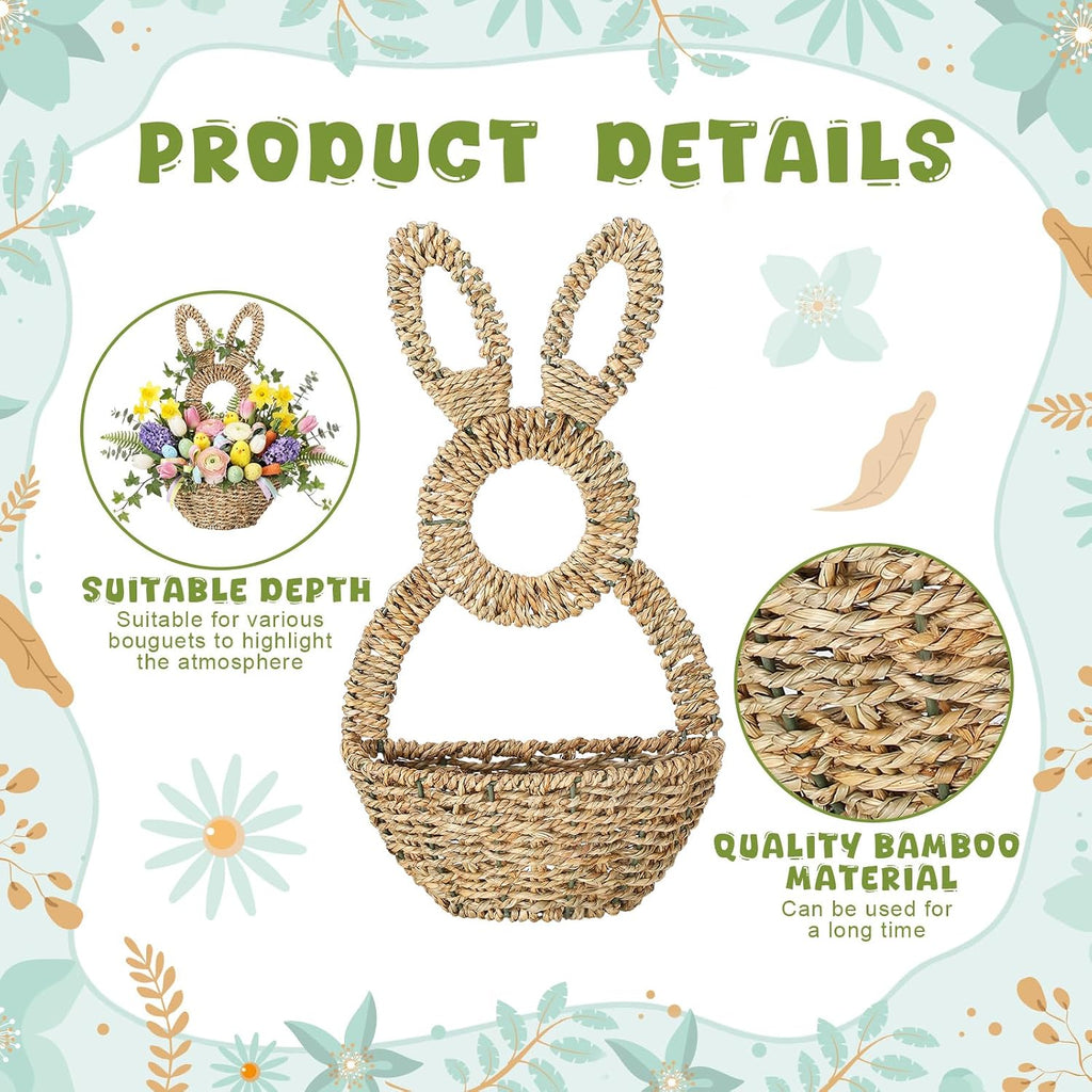 LemonRoad 16.1 Inch Easter Bunny Basket Easter Bunny Woven Wicker Basket Hanging Wall Rabbit Pocket for Spring Front