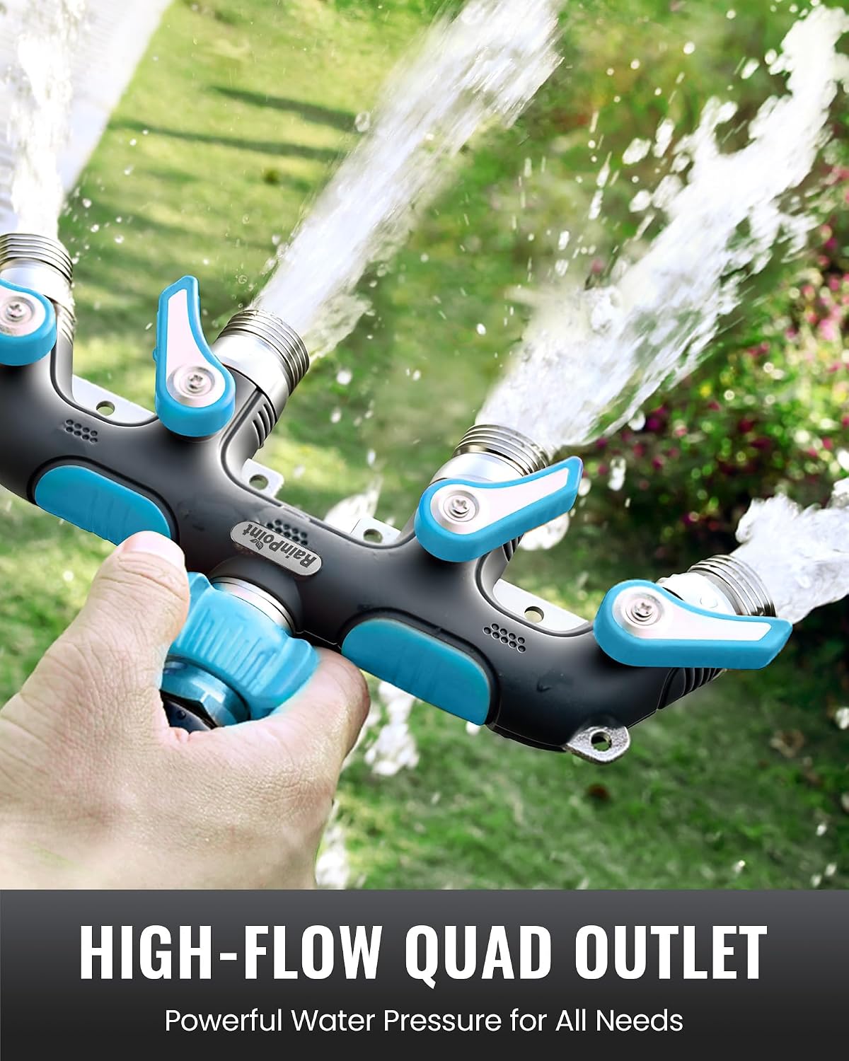 RAINPOINT 4 Way Garden Hose Splitter, 100% Metal Heavy Duty Water Hose Splitter with Individual Shut-Off Valves, 3/4"