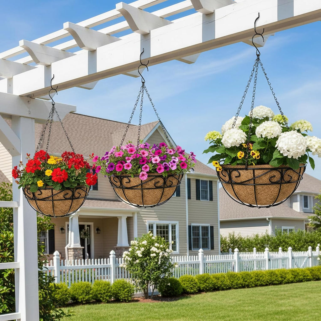 EIMQUVW Outdoor Metal Hanging Planters Basket (4pack, 14 inch) Hanging Baskets for Plants Chain Round Wire Plant Holder