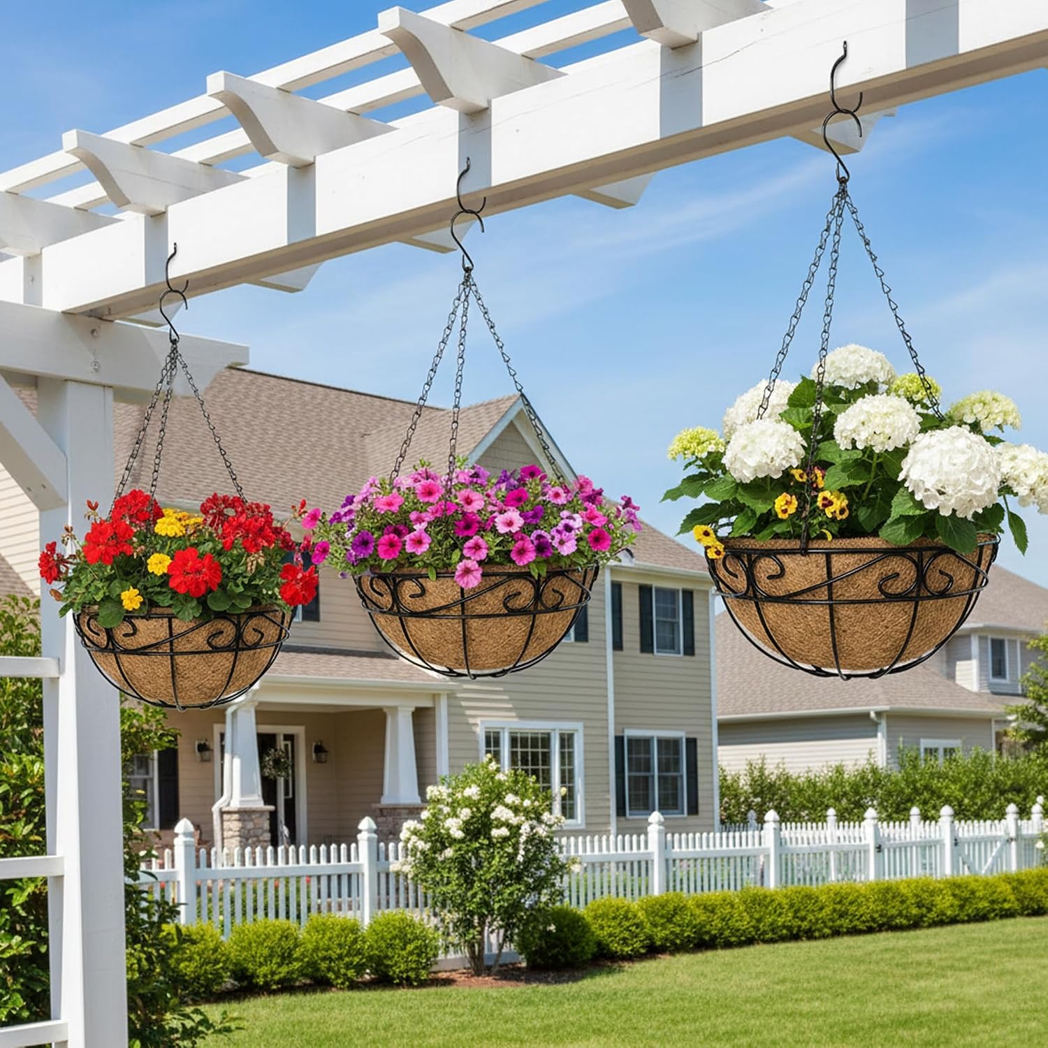 EIMQUVW Outdoor Metal Hanging Planters Basket (4pack, 14 inch) Hanging Baskets for Plants Chain Round Wire Plant Holder