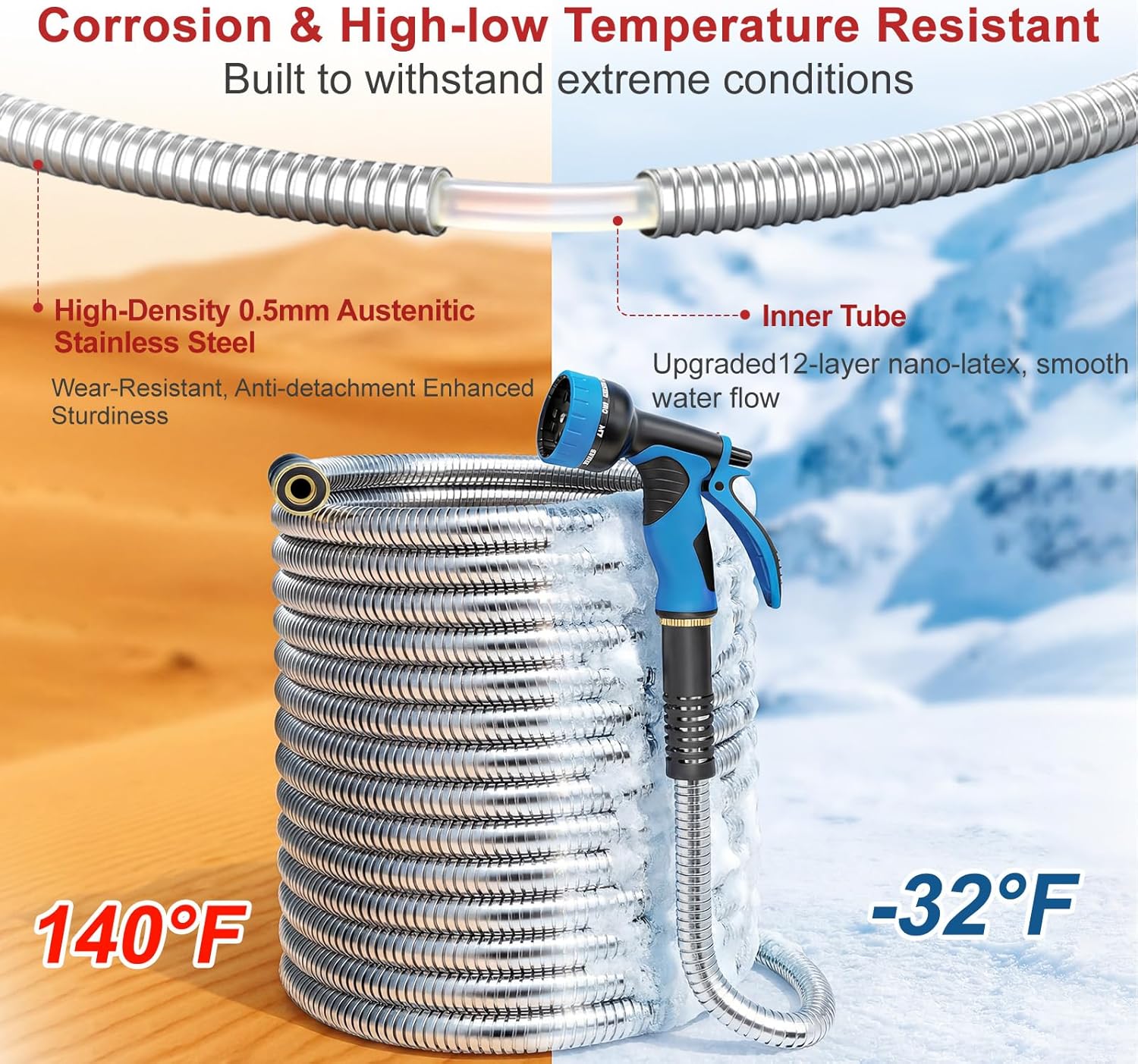 100ft Metal Garden Hose - Heavy Duty 304 Stainless Steel Flexible Water Hose, No Kinks & Leak-Proof with Upgraded