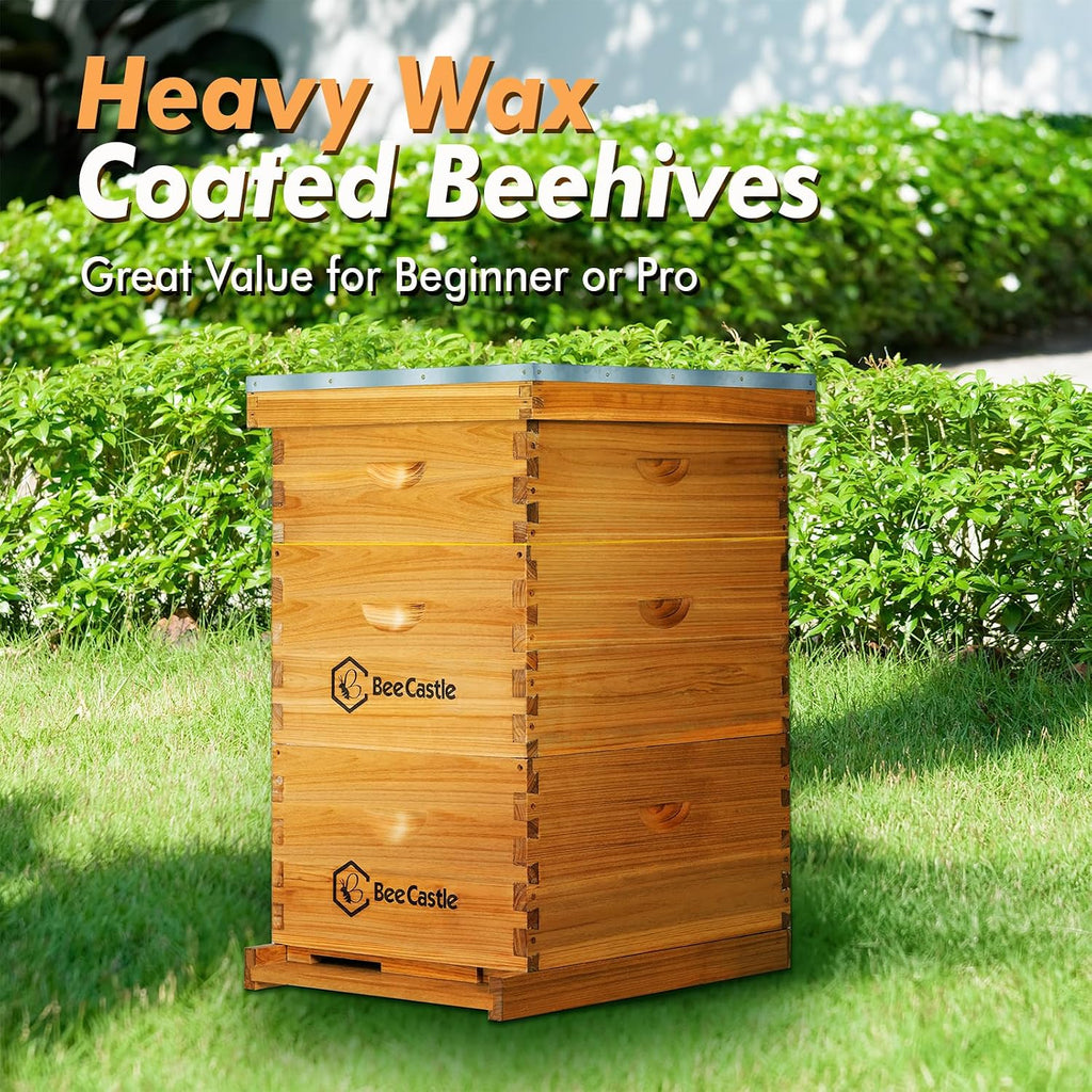 BeeCastle 10 Frame Langstroth Bee Hive Coated with Beeswax Includes Beehive Frames and Waxed Foundations (2 Deep Boxes