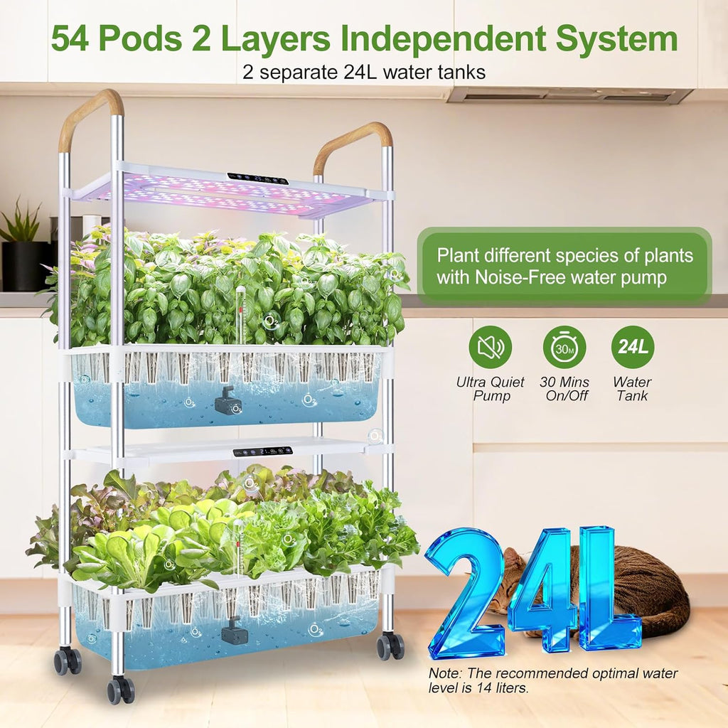 Indoor Hydroponic Growing System with 54 Pods Herbs Garden Kit with 30W Led Grow Light Large Movable 2-Layer