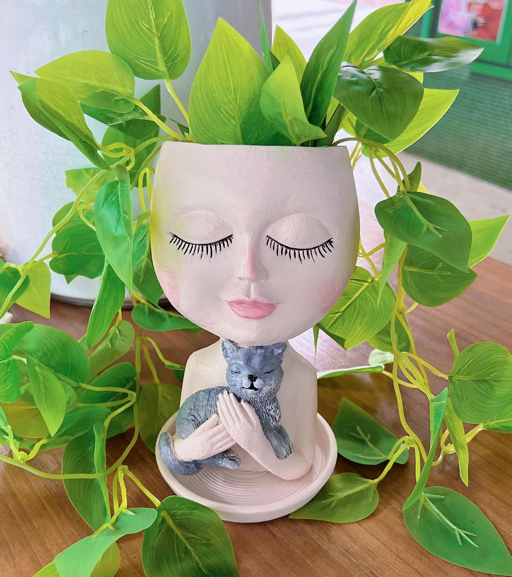 Head Planter with Drainage Hole, Resin Art Vase, Cute Lady Hugging Cat Succulent Flower Pots, Unique for Indoor Outdoor