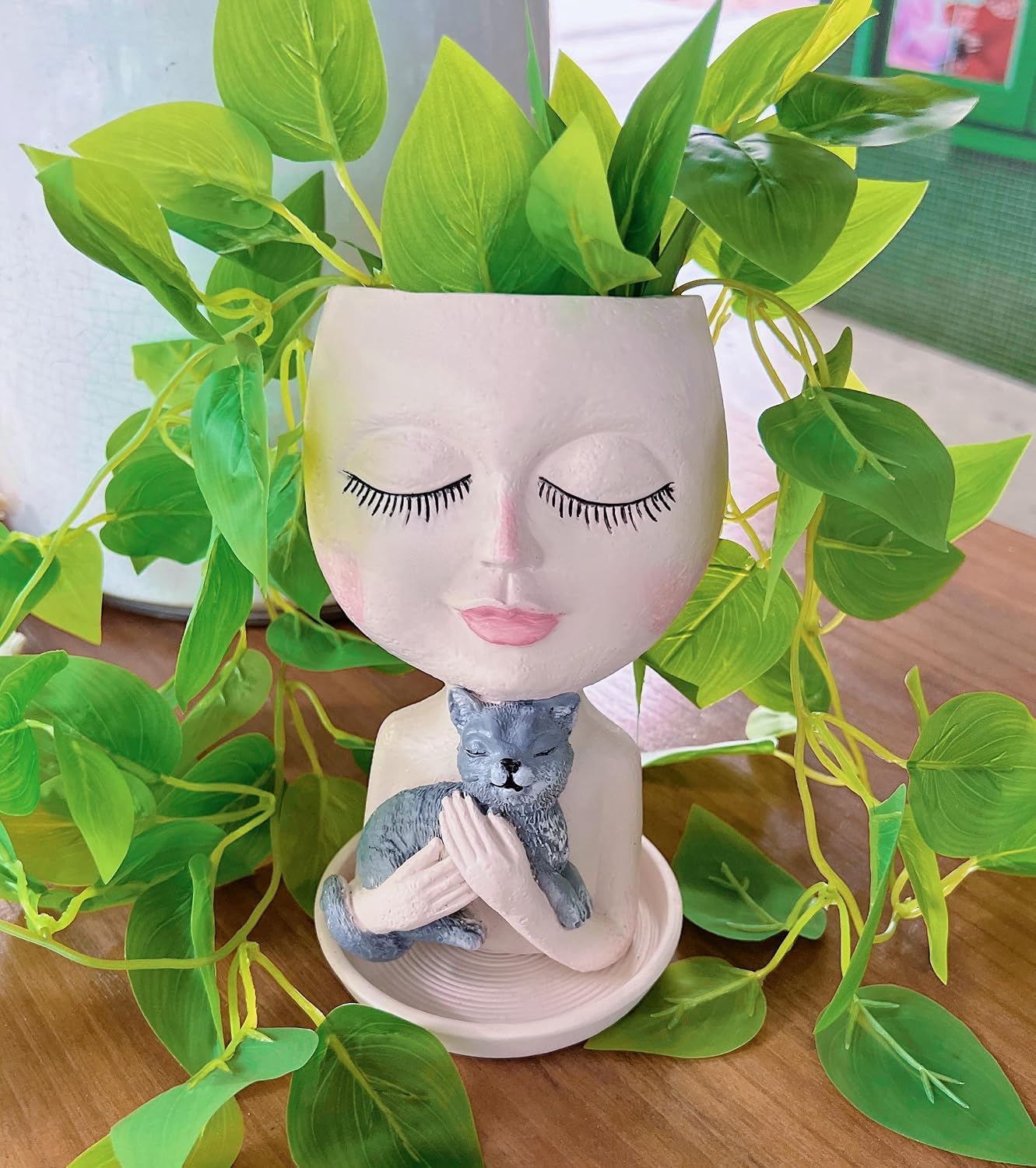 Head Planter with Drainage Hole, Resin Art Vase, Cute Lady Hugging Cat Succulent Flower Pots, Unique for Indoor Outdoor