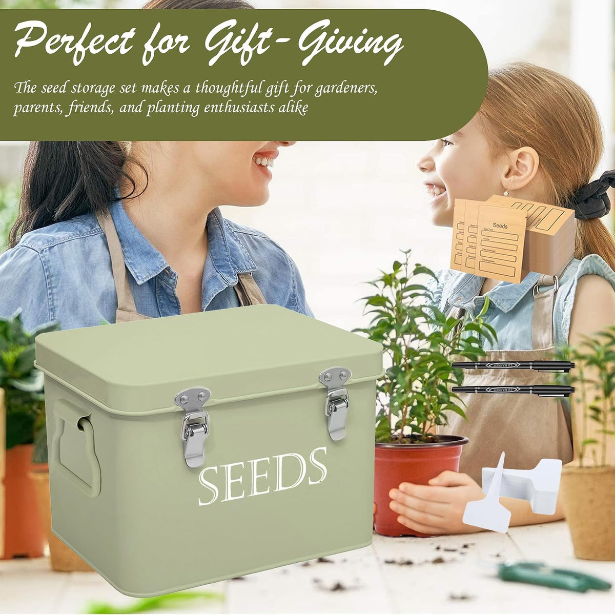 Ecopark Seed Storage Box, Professional All-in-one Kit | with 2 Pens, 20 Plant Labels and 50 Seed Envelopes, Metal