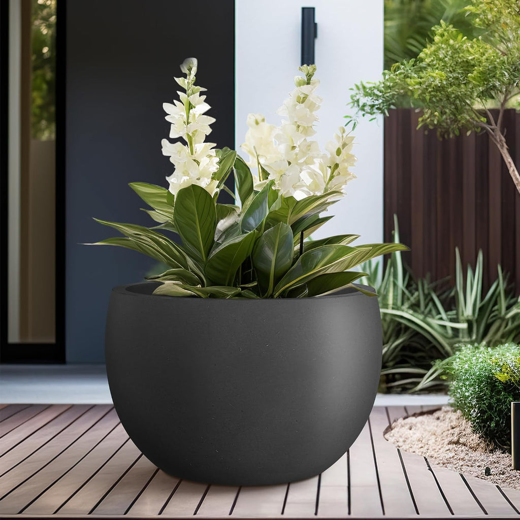Kante Large Round Bowl Black Concrete Planter 20" Dia, Outdoor | Rubber Plug for Indoor, Drainage for Garden