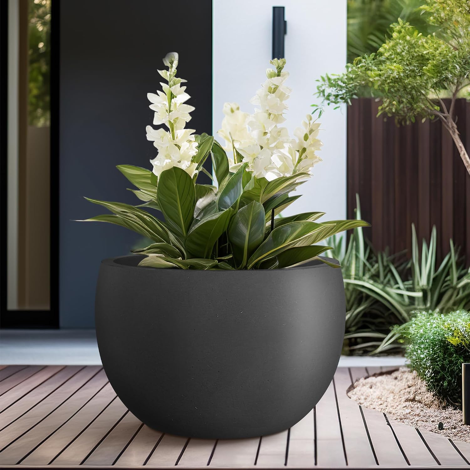 Kante Large Round Bowl Black Concrete Planter 20" Dia, Outdoor | Rubber Plug for Indoor, Drainage for Garden