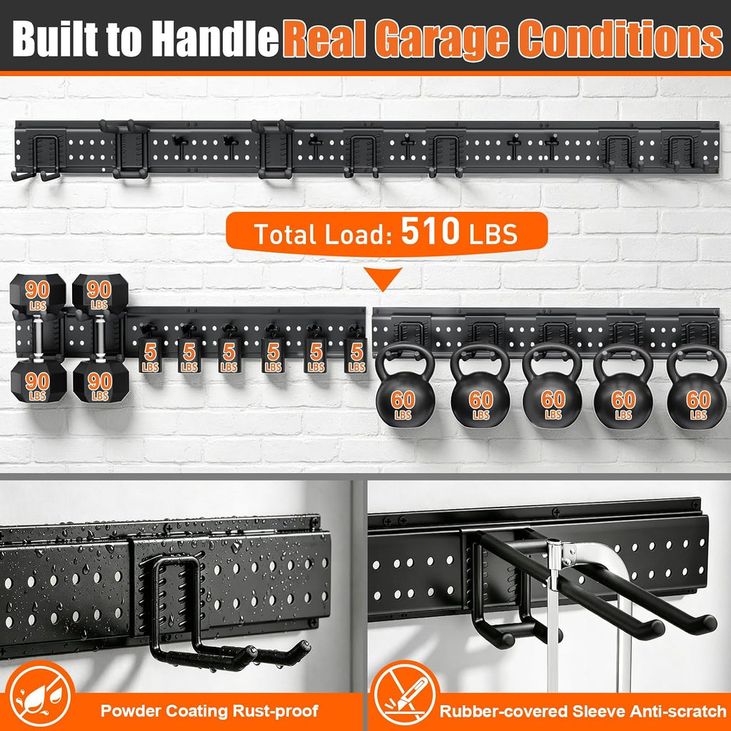 Garage Tool Organizer Wall Mount 66 inches with 13 Adjustable Heavy-Duty Hooks, Garage Organization, Garden Tool