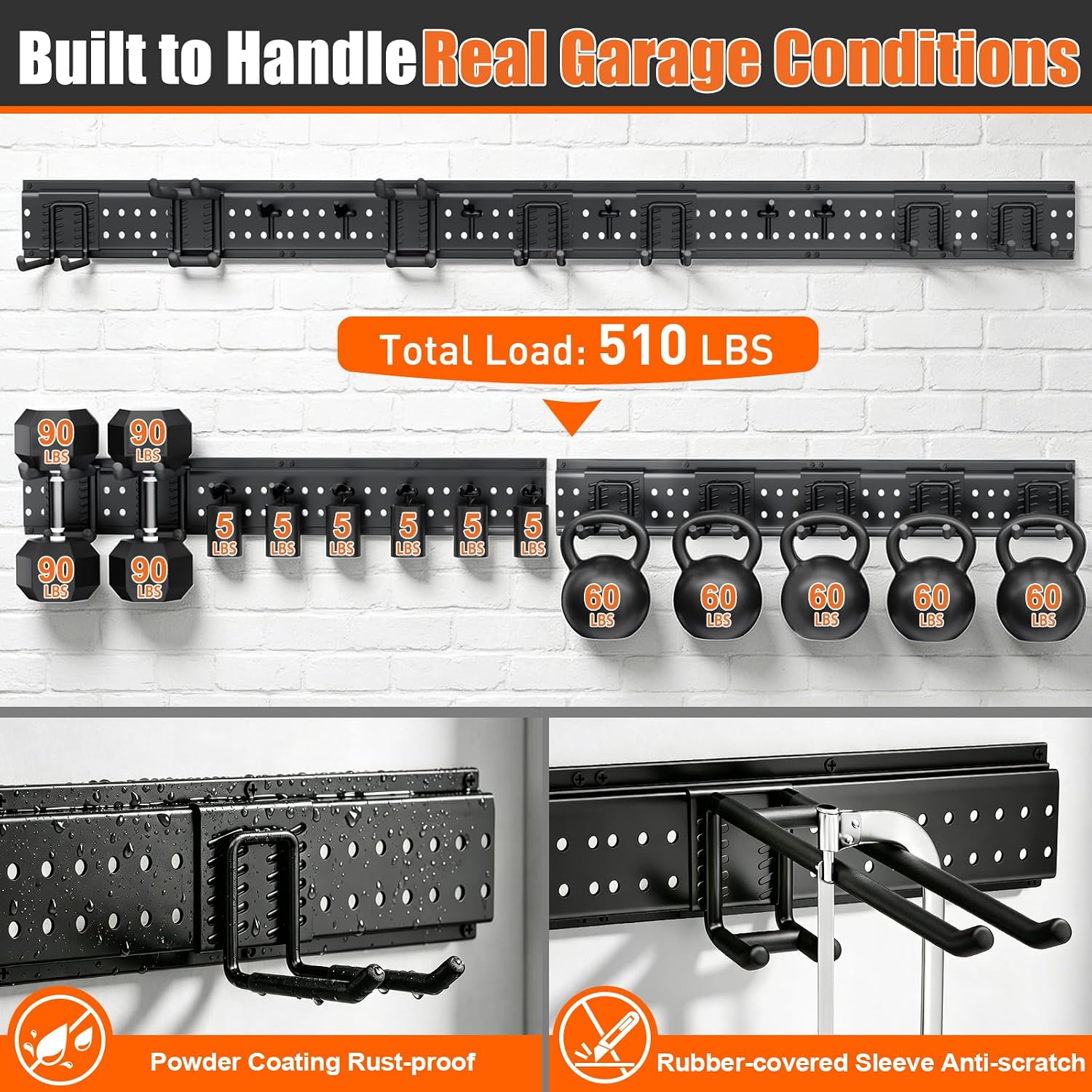 Garage Tool Organizer Wall Mount 66 inches with 13 Adjustable Heavy-Duty Hooks, Garage Organization, Garden Tool