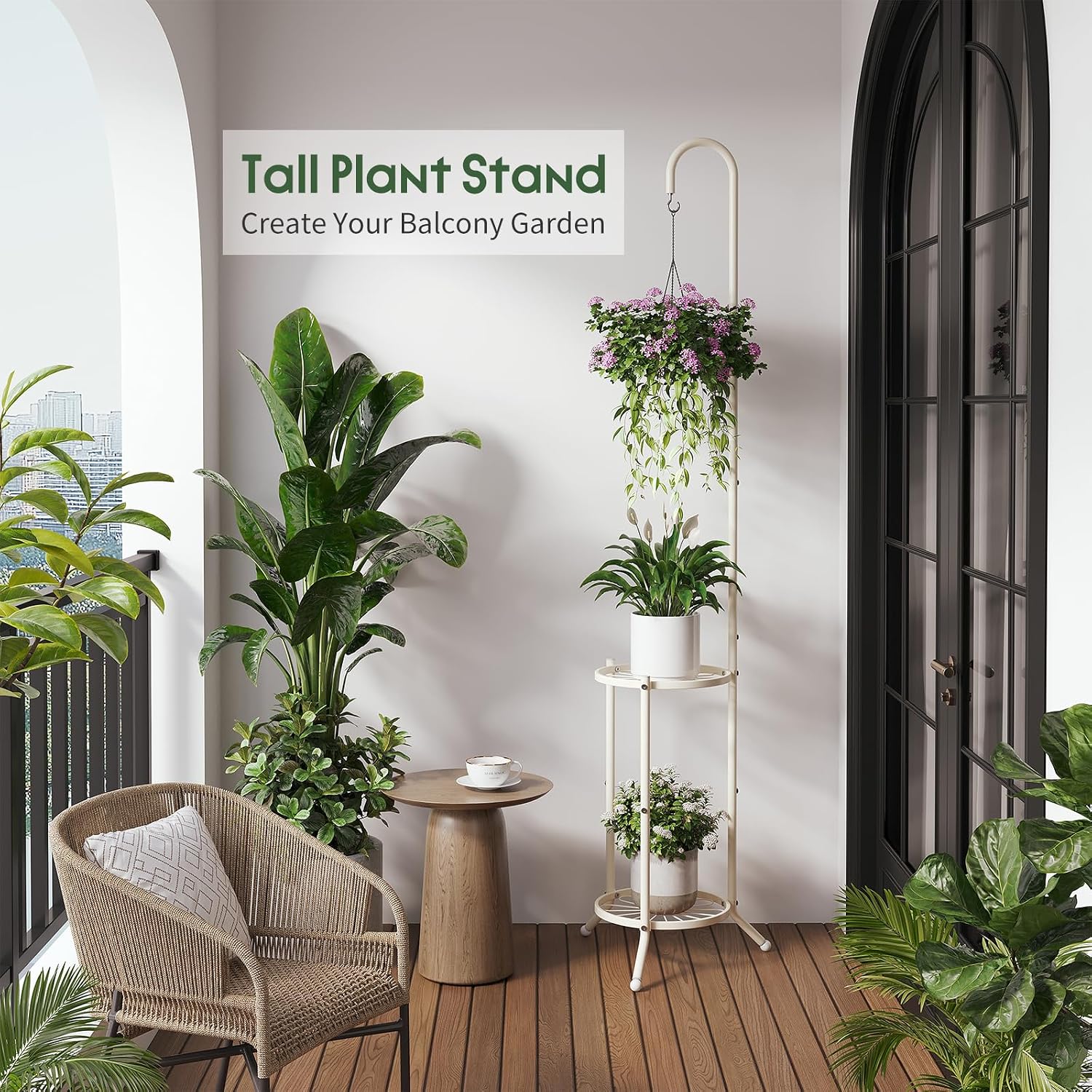 2-Tier Plant Stand With Hanging Hook, Metal Standing Plant Hanger, White | Space-Saving Iron Planter Shelves, Multiple