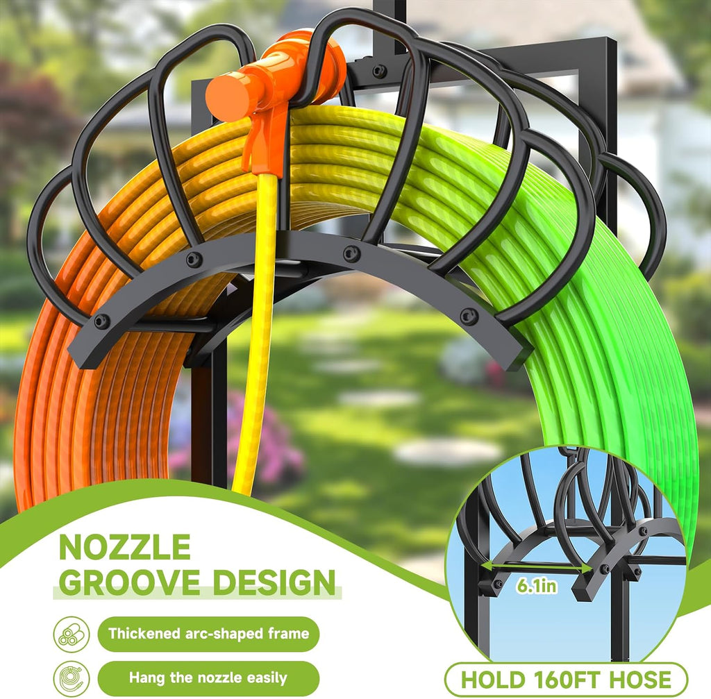 Garden Water Hose Holder with Solar Light & Shepherds Hooks for outside | Stores 160" Hose, Freestanding with Double