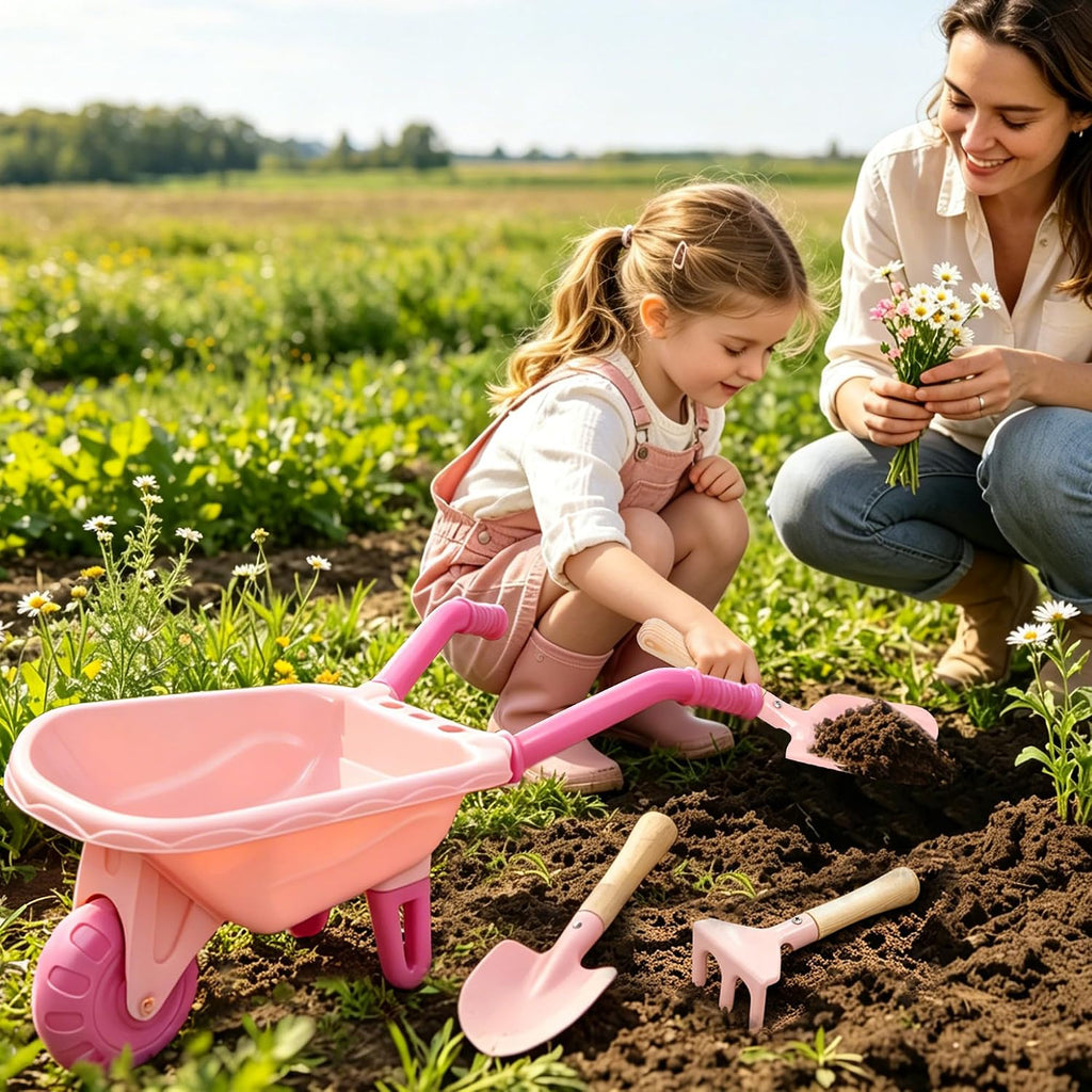 Kids Gardening Set with Wheelbarrow Birthday Gifts | Metal Kid Gardening Tools Set with Long Handle Tool, Hand Tool &