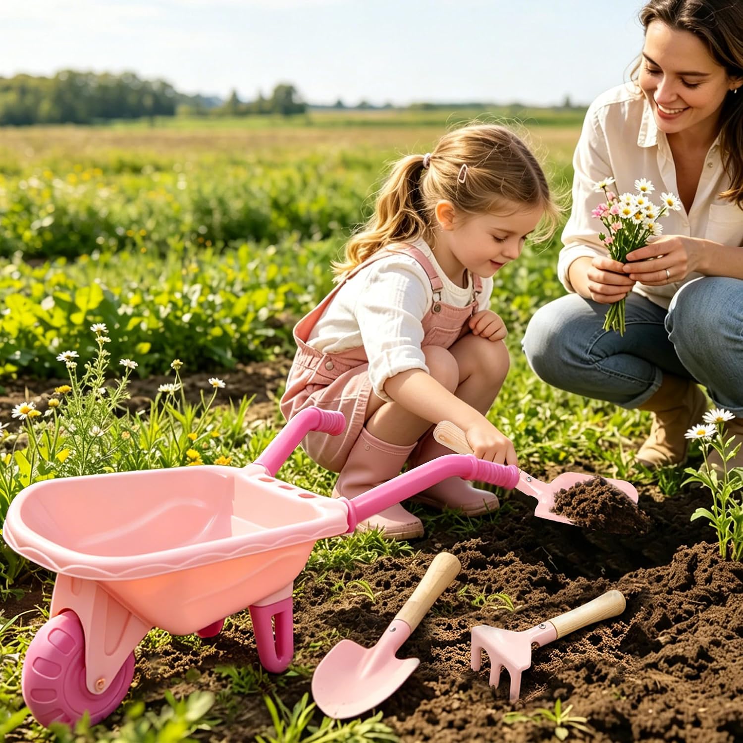 Kids Gardening Set with Wheelbarrow Birthday Gifts | Metal Kid Gardening Tools Set with Long Handle Tool, Hand Tool &