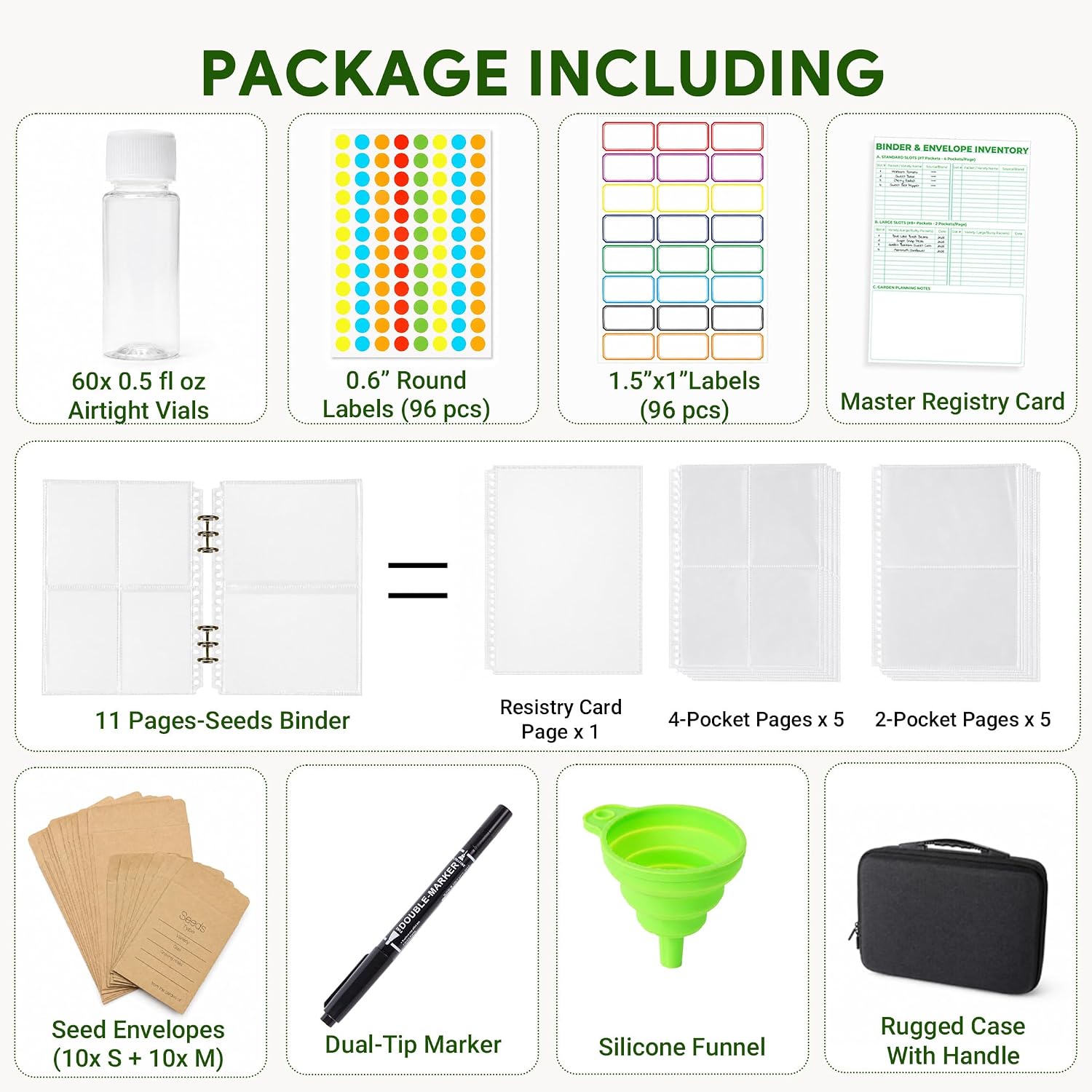 Volitaous 60-Slot Seed Storage Organizer Box with Seed Binder | Seed Containers Storage & Tracking, with 30-Pockets