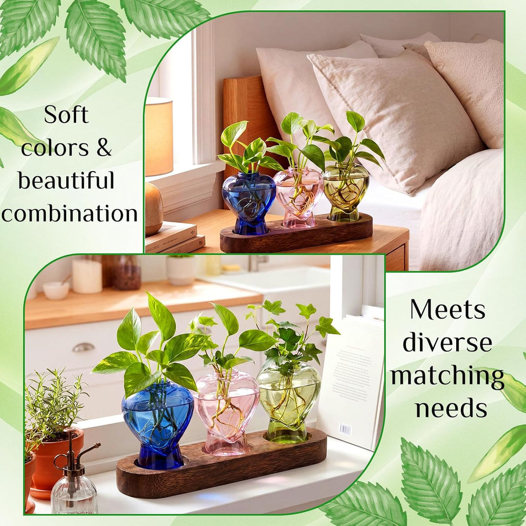 Zhehao 3 Pcs Plant Propagation Stations with Wooden Stand Heart Shaped Propagation Vases for Indoor Plants Home Office