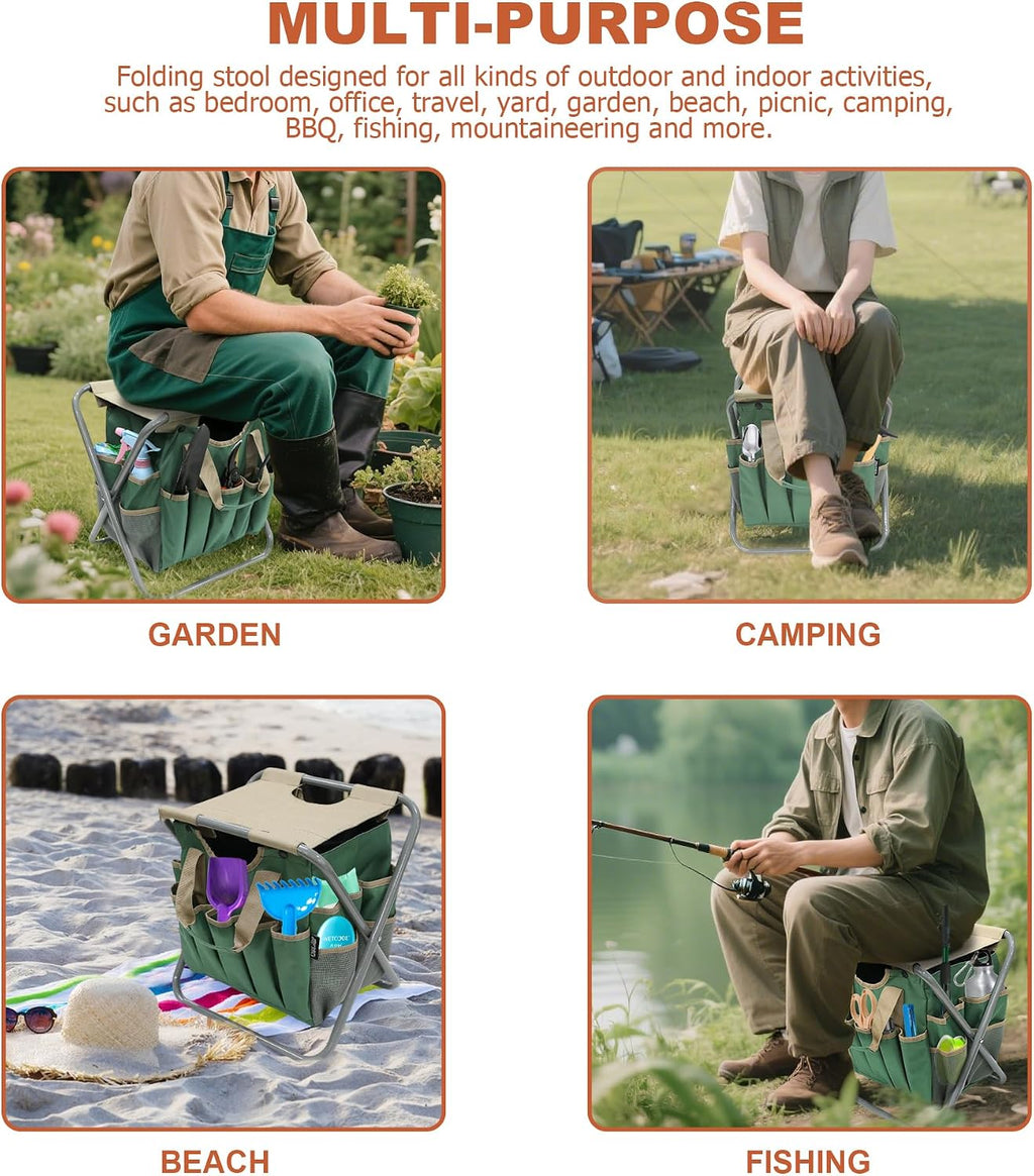 Folding Gardening Stool with Detachable Storage Tote Bag, Gardening Tools Set Organizer for Fishing Outdoor Sports