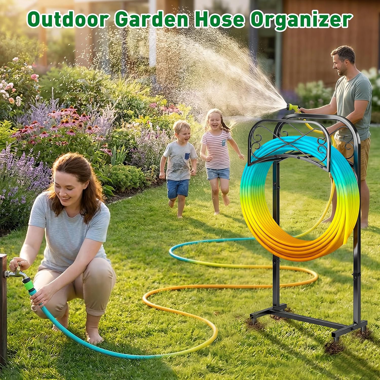 Gtongoko Garden Hose Holder for Outside 43" Heavy Duty Freestanding Water Hose Holder with 4 Stable Spikes Metal Hose
