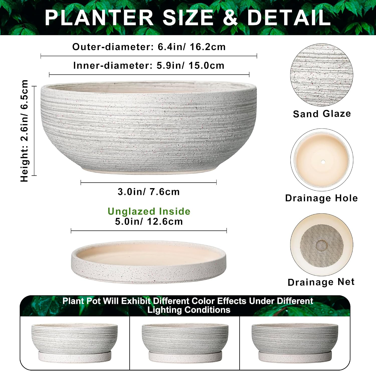 6 Inch Ceramic Succulent Planters with Saucer, Brushed Grey | Small Bonsai Tree Pots with Drainage Hole, Round Pots for