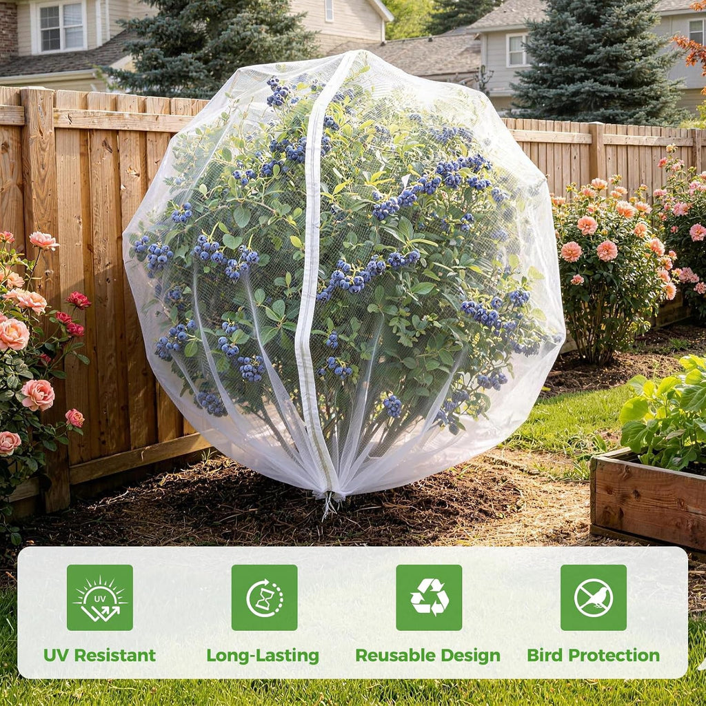 Blueberry Bush Netting Cover 2 Pack 8 x 8 ft, Bird Netting with Zipper & Drawstring, Reusable Berry Bush Netting for