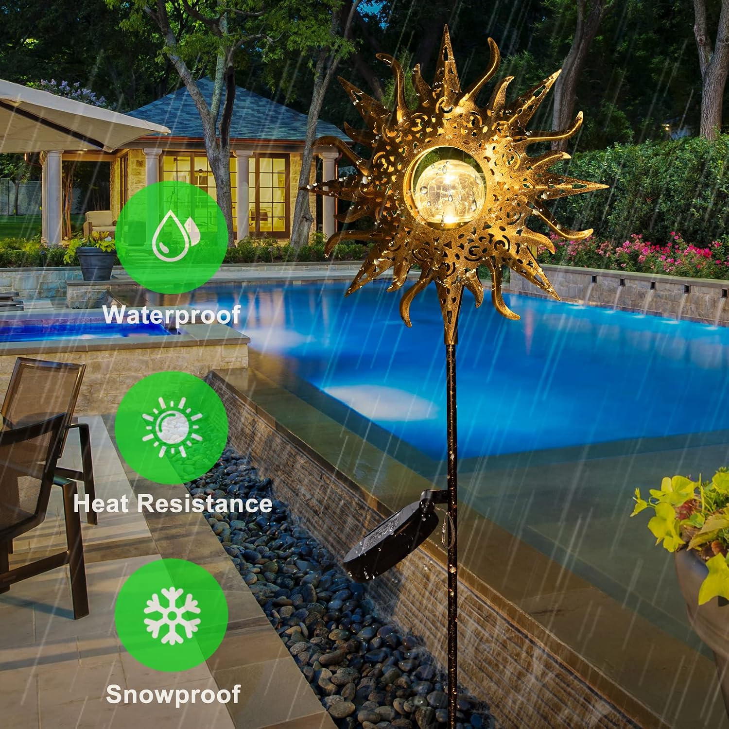 Large Sun Solar Garden Decor Lights Outdoor Garden Gifts Mom Dad, Crackle Glass Metal Stake Backyard Decor, Waterproof