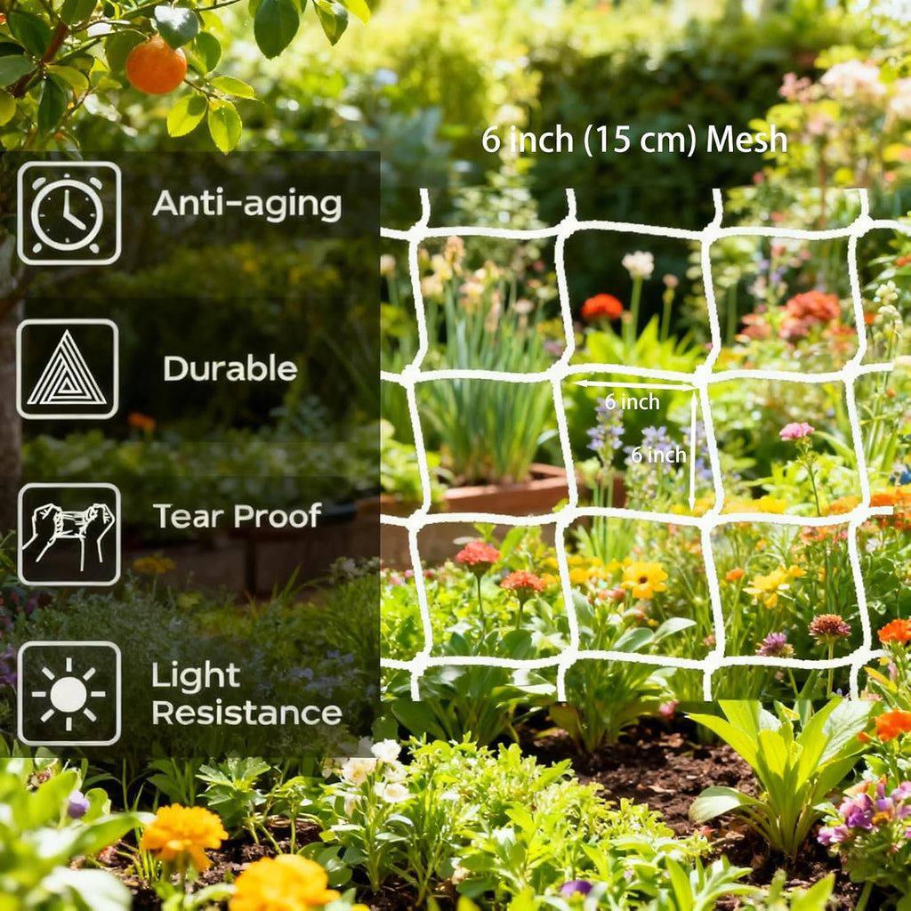 Trellis Netting 5 x 350 ft, Heavy Duty Reinforced Polyester, 6x6 inch Mesh, Soft Garden Netting for Climbing Plants