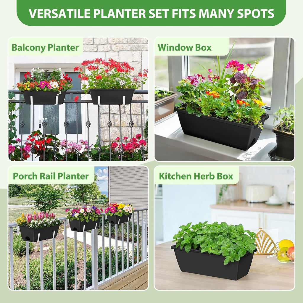 Railing Planter Box 4 Pack Hanging Balcony Planters with Adjustable Bracket | 17 Inch Railing Window Boxes Planter