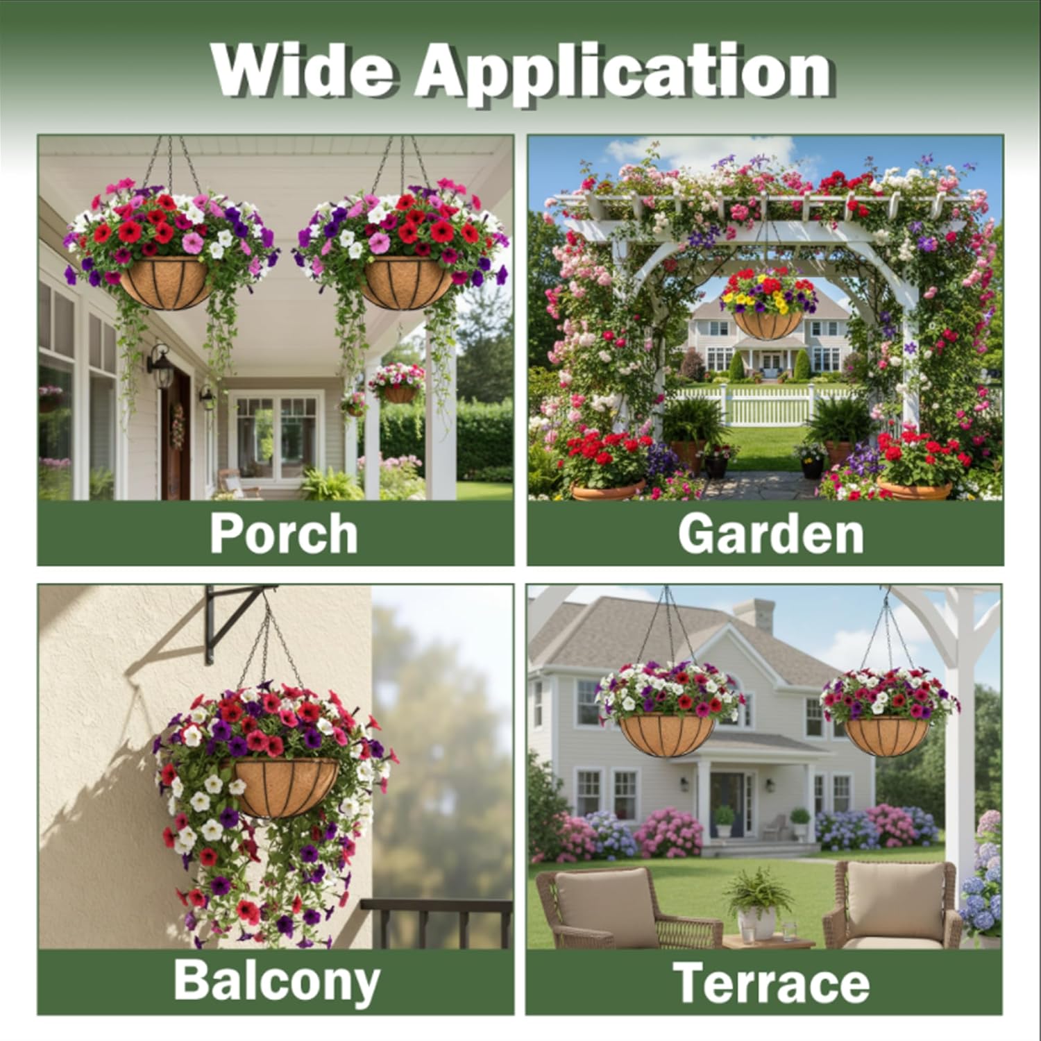4 Pack 14 Inch Hanging Baskets for Plants Outdoor Metal Hanging Planter Basket with Coco Coir Liner Hanging Flower