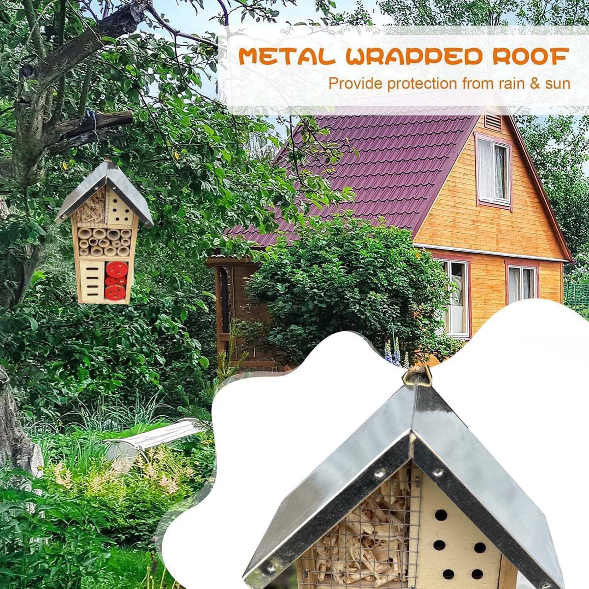 Natural Wooden Insect Hotel, Bee House with Metal Stake for Garden | Bee House, For Ladybugs, For Lacewings, For