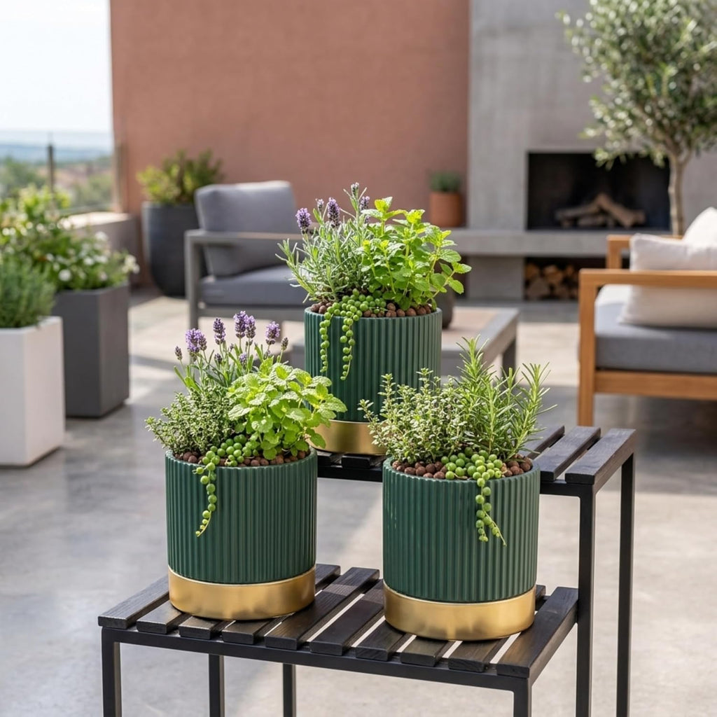 3-Pcs 4 Inch Cement Planters Set - Vintage Ribbed Flower Pots with Gold Rim and Drainage Holes, Modern Ceramic