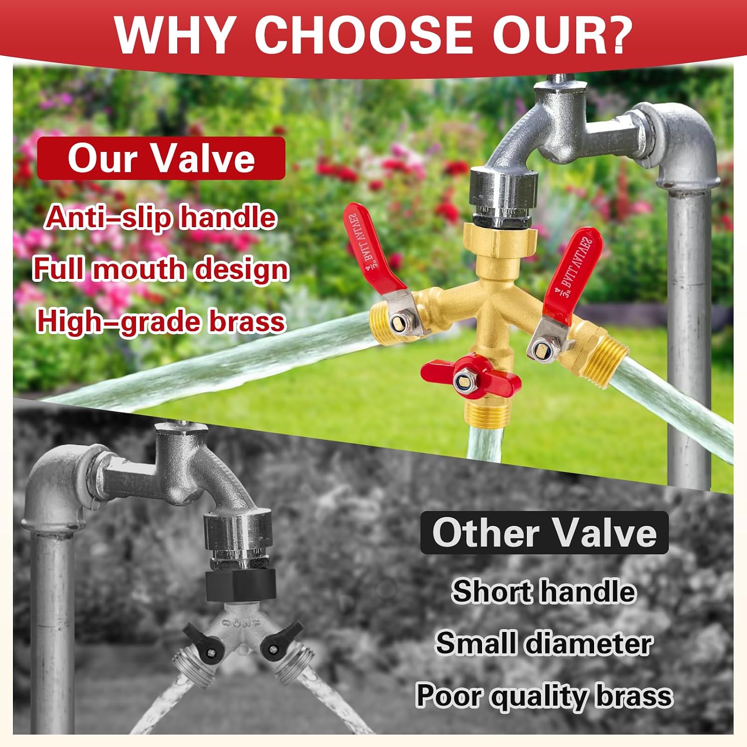 High Flow 3 Way Hose Splitter, Heavy Duty Brass Garden Hose Splitter,Water Hose Spigot Splitter with Easy-Grip Metal