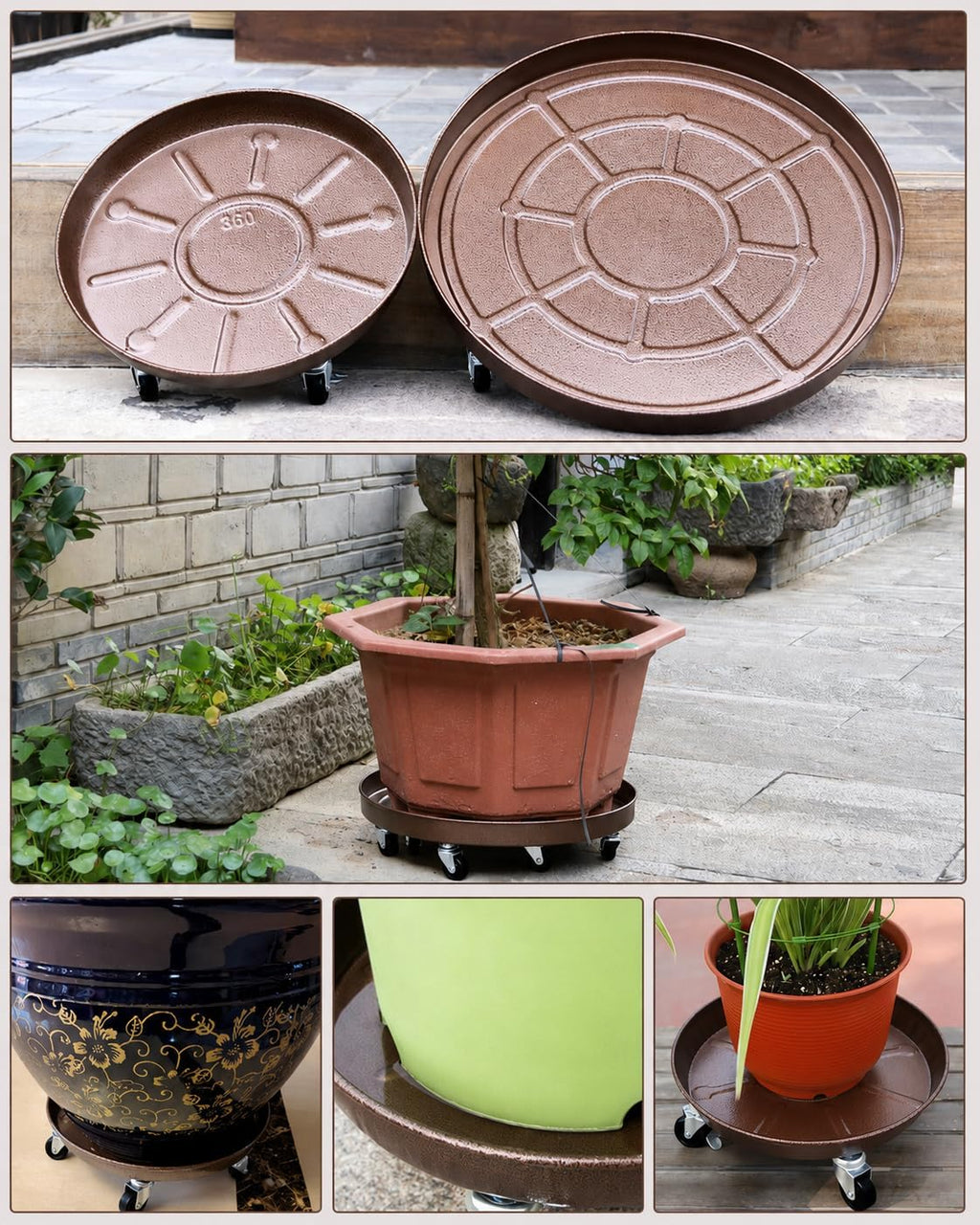 20" Metal Rolling Plant Caddy with Wheels, Indoor Outdoor, 2-Pack Bronze | Entirely Made of Metal, 8 x 360° Wheels