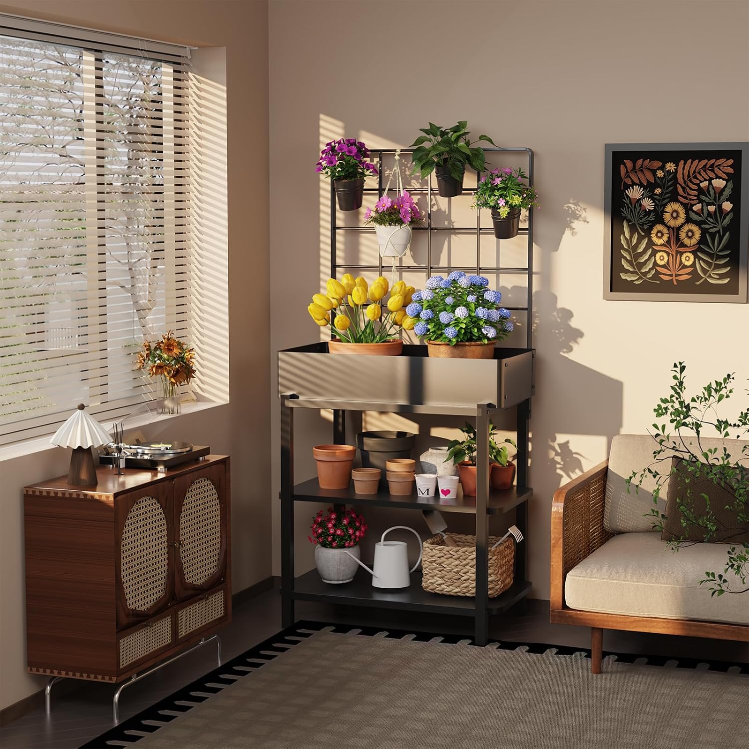 Metal Raised Garden Bed with Trellis & Legs | 2-tier shelf, 3 flower pots, 36" tall no-bend, rust-resistant, ideal for