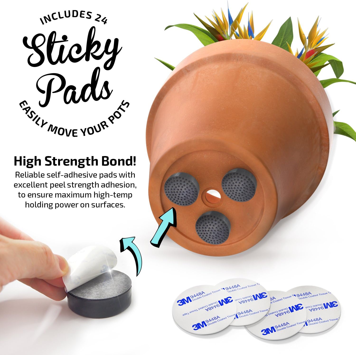 Plant Pot Feet with Adhesive Pads, Outdoor, 24 Pack | solid EPDM rubber pot risers with pads, aid drainage airflow