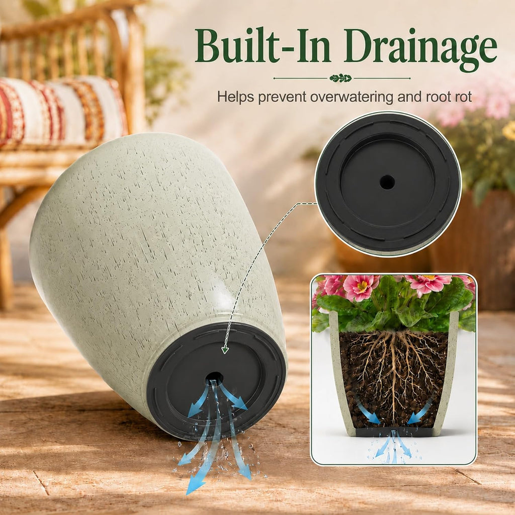 Neoaider Set of 3 Tall Planter, 24/21/12in Large Plastic Planter, DripGlaze | Ceramic-Look, Lightweight, Built-in Drain