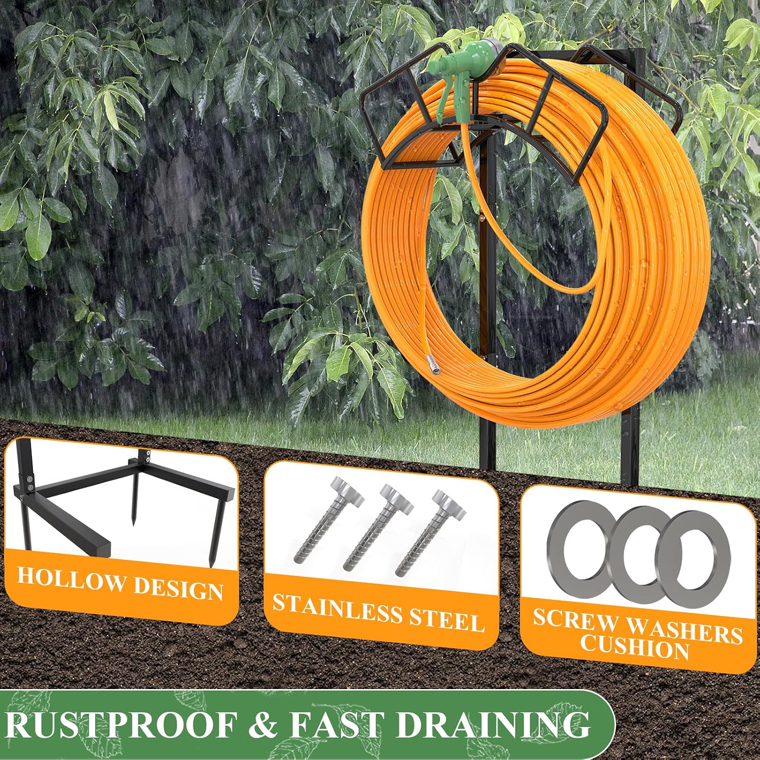 Qatsrin Super Stable Garden Hose Holder, Water Hose Reel holds 160ft, Black | Freestanding Water Hose Storage Hanger