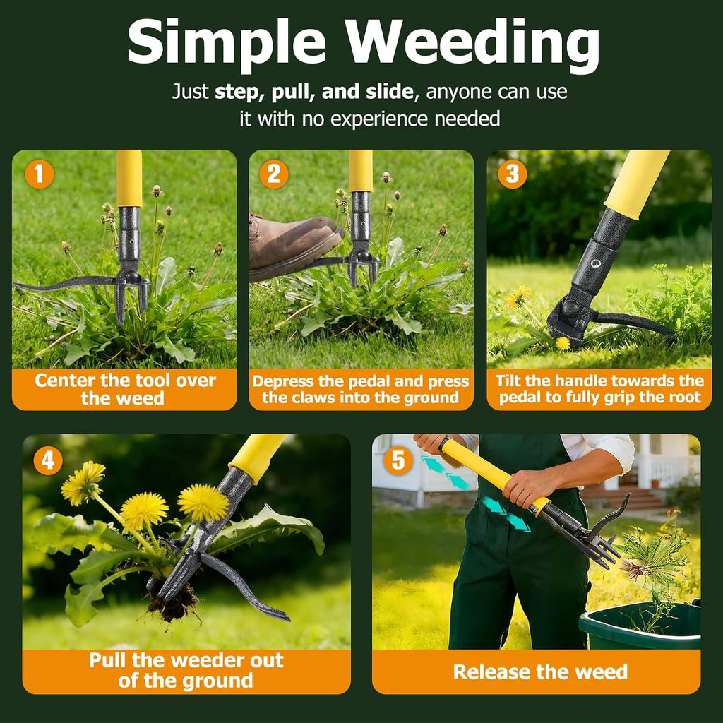 Weed Puller Tool Stand Up with Slide-Release Ejection, Reinforced Steel Weeder with 3-Section Long Handle, No-Touch