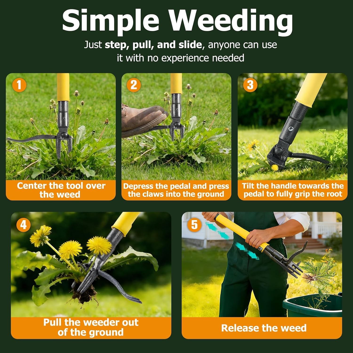 Weed Puller Tool Stand Up with Slide-Release Ejection, Reinforced Steel Weeder with 3-Section Long Handle, No-Touch