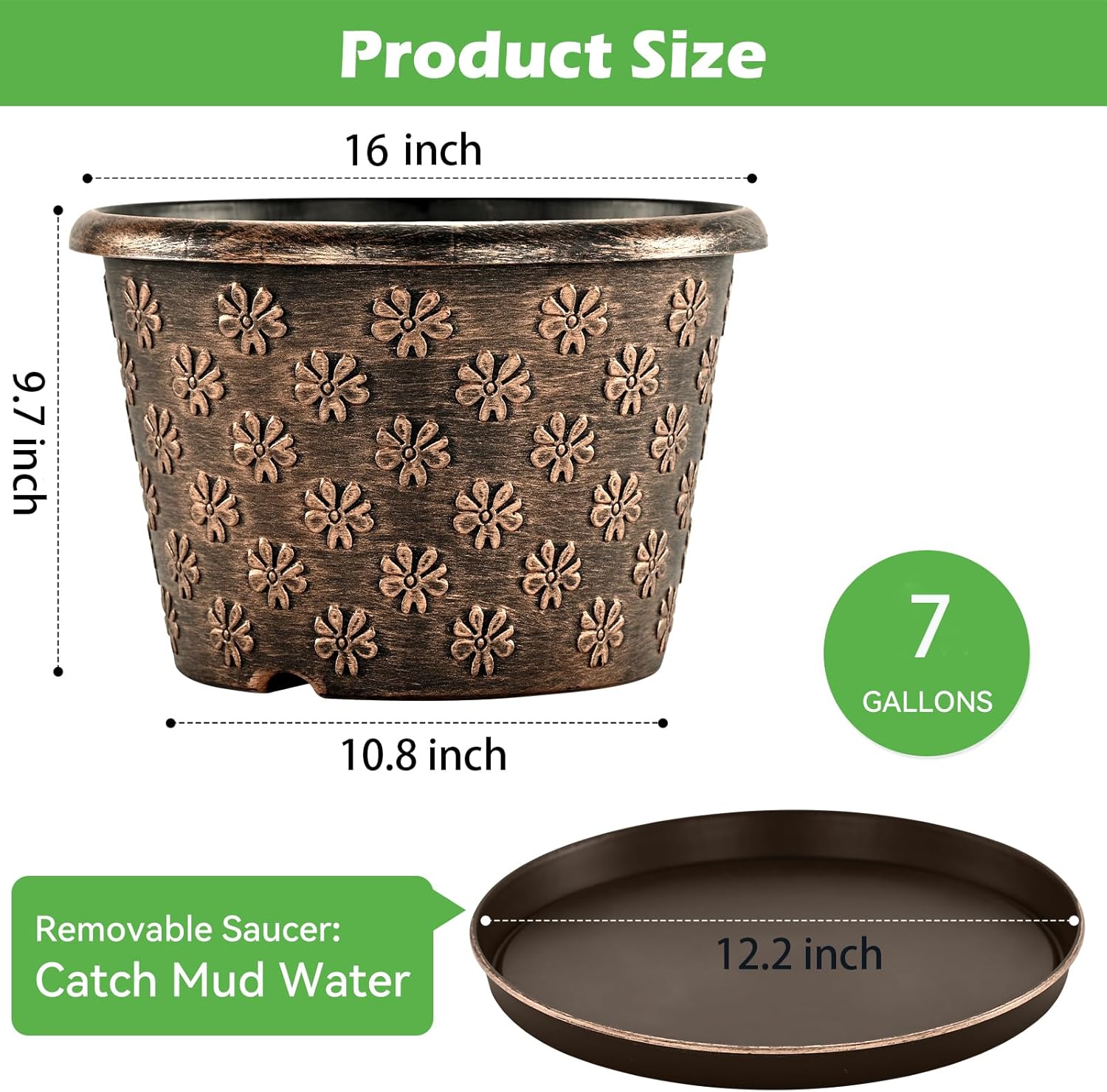 16 Inch Planter Pots for Plants, Plastic Large Flower Pots Indoor Outdoor, 4 Pack Resin Plant Pot with Drainage &