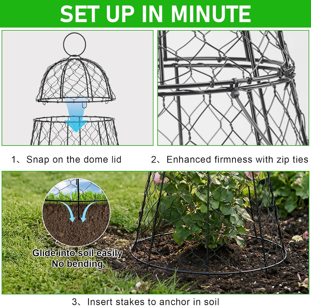 Garden Cloches for Plants 3 Pack - Chicken Wire Outdoor Plant Protectors from Animals - Heavy-Duty Metal Cage with