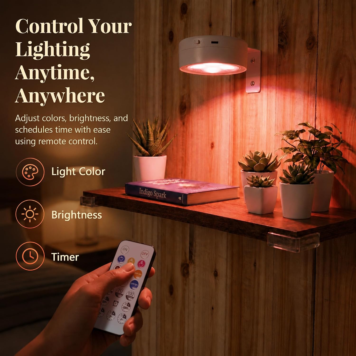 Set of 3 Floating Shelves for Wall with 3 Rechargeable Plant Grow Lights | Growing Lights with Remote Timer, Indoor