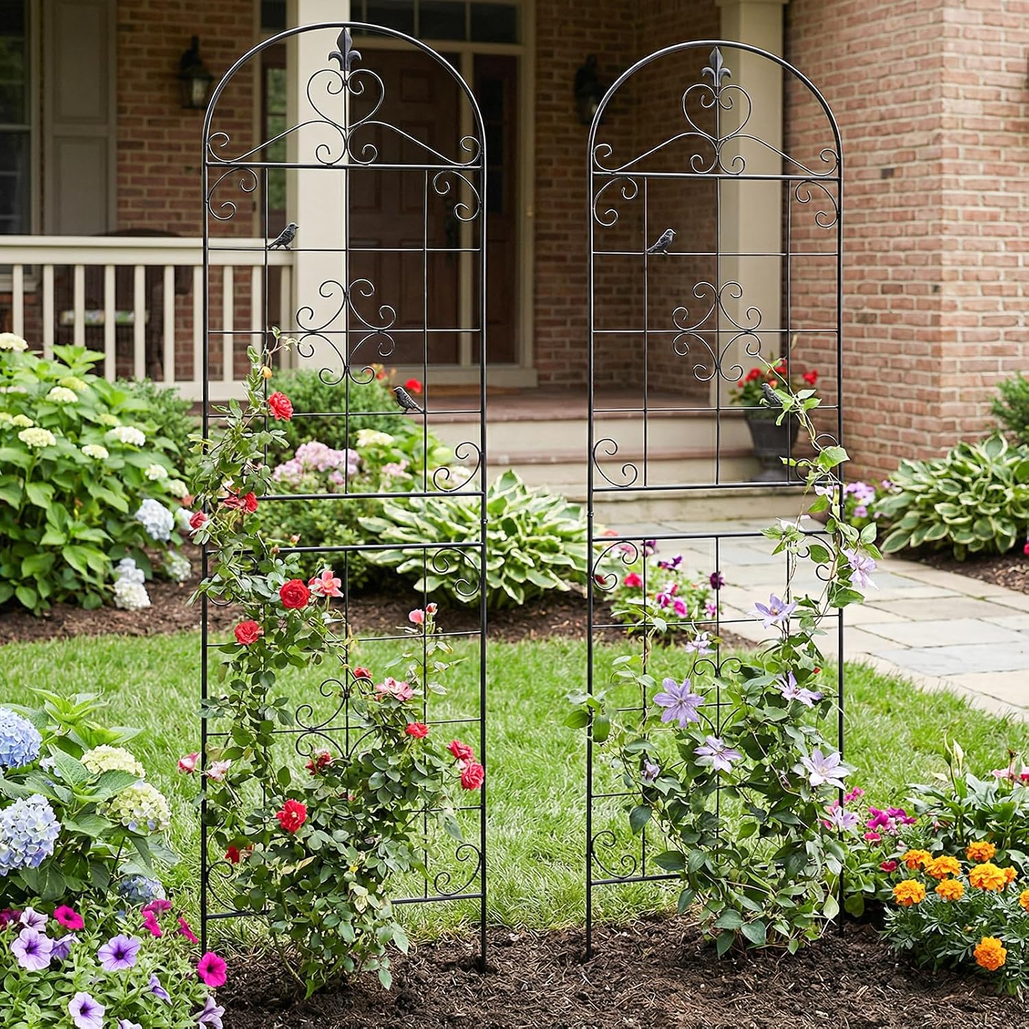 70.8" Black Metal Garden Trellis for Climbing Plants, 2 Pack | Rustproof steel lattice supports roses, clematis