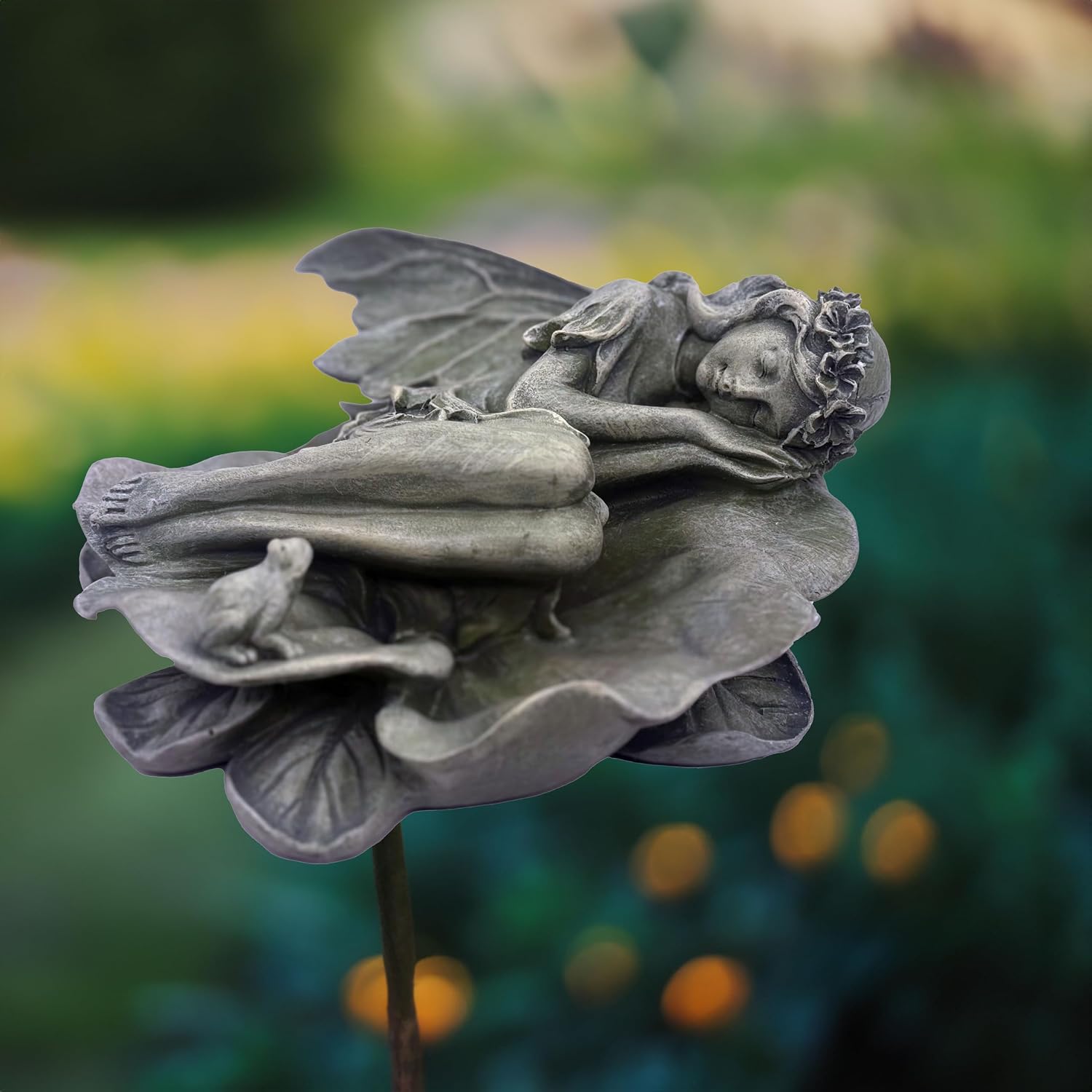 Garden Fairy Statue,Garden Sleeping Angel on Lotus Leaf with Bird Feeder Feature Outdoor Decor Sculptures Figurine